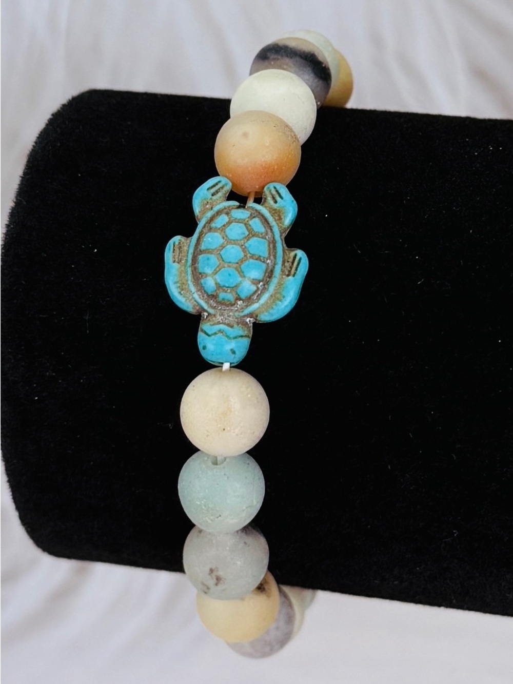 Turtle Accent Amazonite Beaded Stretch Bracelet